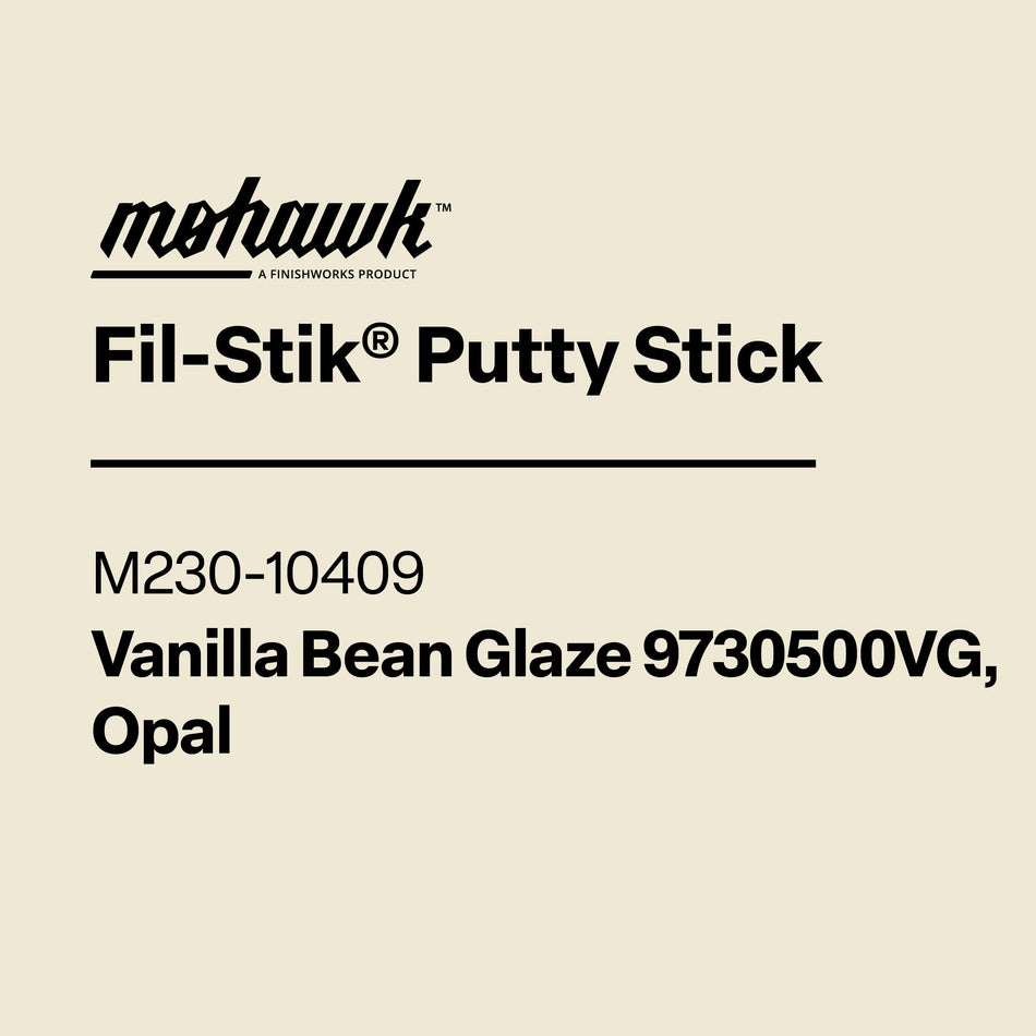 Product label for Mohawk Fil-Stik Putty Stick with vanilla bean glaze color swatch.