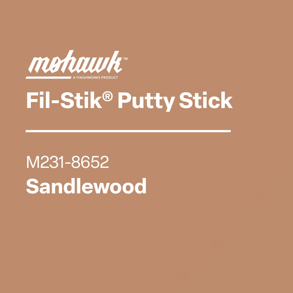 Mohawk Fil-Stik Putty Stick packaging with product name and color on a brown background