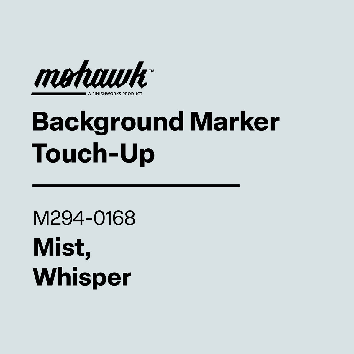 Product label for Mohawk Background Marker Touch-Up in Mist, Whisper color on a light gray background