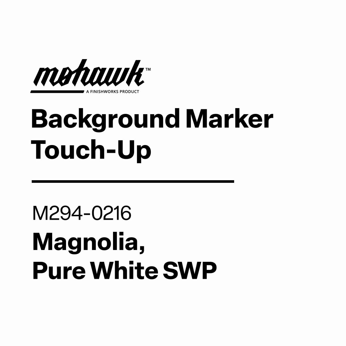 Product label for Mohawk Background Marker Touch-Up in Magnolia and Pure White SWP on a white background.