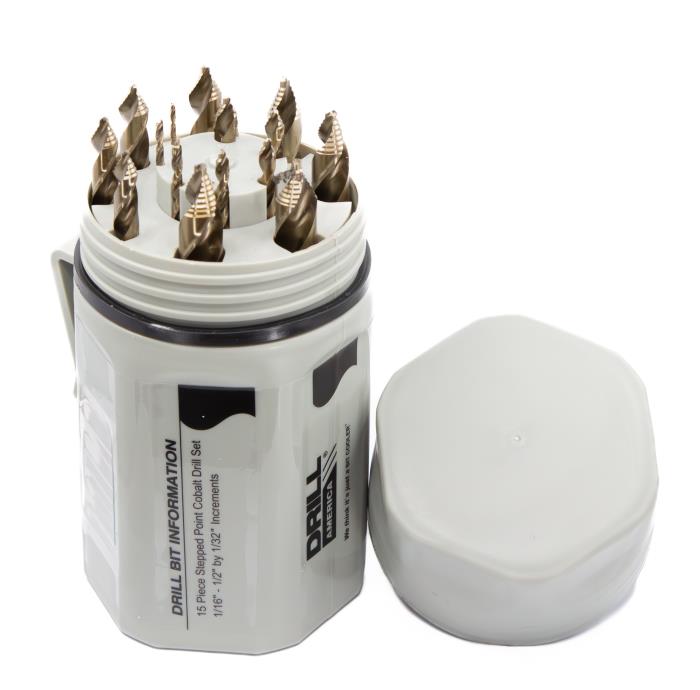 15 Piece Stepped Point Cobalt Drill Bit Set in Plastic Case (1/16" - 1/2" x 1/32")