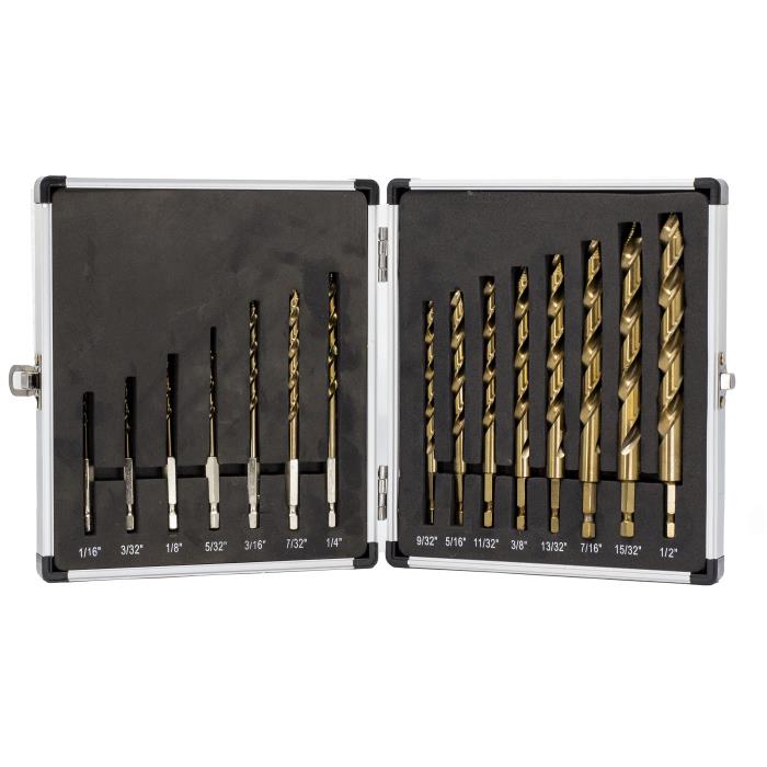 15 Piece Cobalt Stepped Drill Bit Set with Quick Change Hex Shank (1/16" - 1/2" x  1/32")