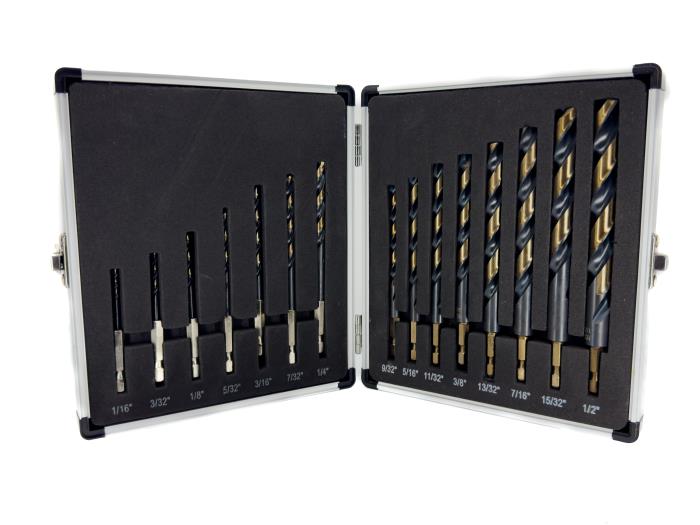 15 Piece Quick Change Hex Shank Drill Bit Set 1/16" - 1/2" Plastic Case