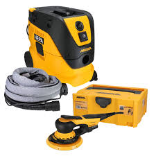 Mirka sanding machine, HEPA filter, and storage box on a white background
