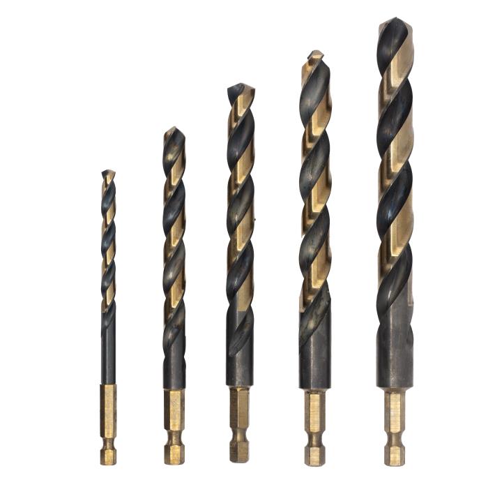5 Piece Quick Change Hex Shank Drill Bit Set 1/4" - 1/2" Plastic Pouch